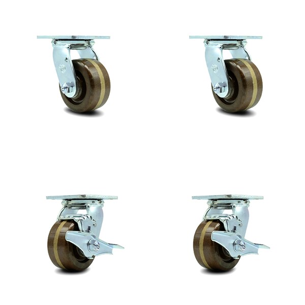 4 Inch High Temp Phenolic Swivel Caster Set with Roller Bearings 2 Brakes SCC